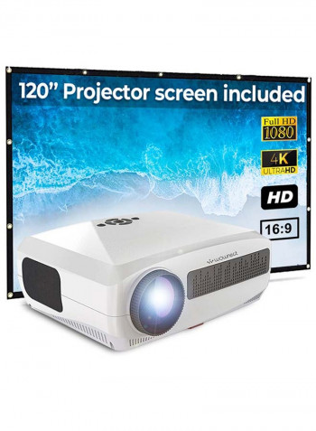 Full HD LED Android Projector 4K 5500 Lumens 2GB/16GB with 120-Inch Projector Screen PROJ-WO-20-W_SCR-04 White
