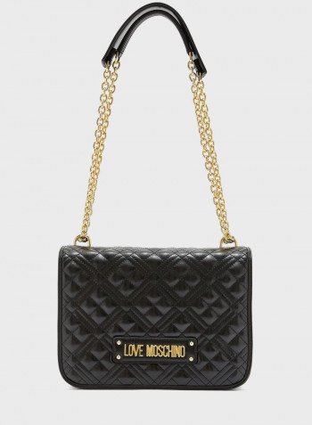 Chain Link Flap Over Quilted Crossbody Bag Black