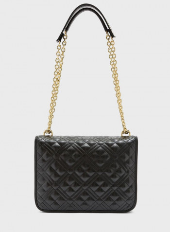 Chain Link Flap Over Quilted Crossbody Bag Black