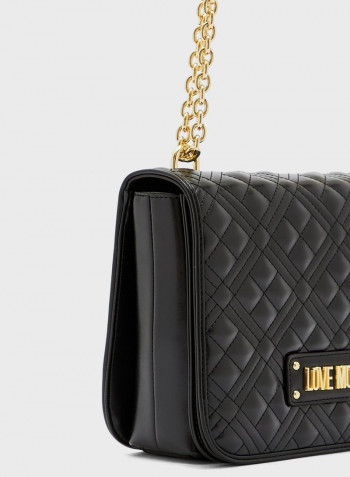Chain Link Flap Over Quilted Crossbody Bag Black