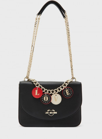 Flap Over Shoulder Bag With Love Charm Black