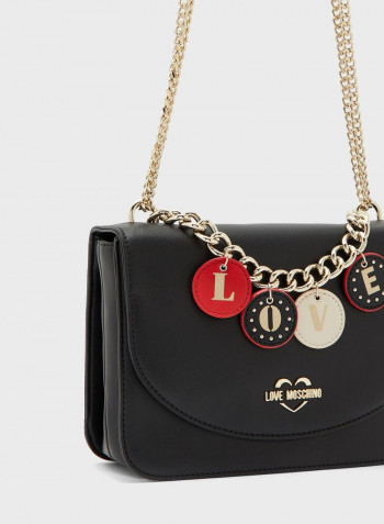 Flap Over Shoulder Bag With Love Charm Black