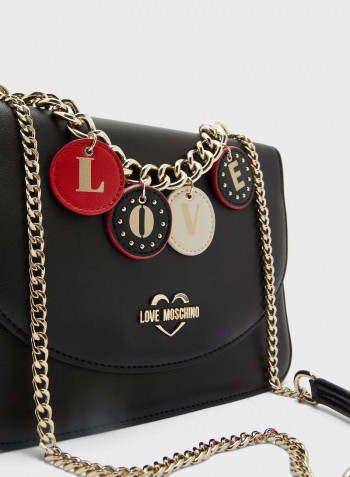 Flap Over Shoulder Bag With Love Charm Black