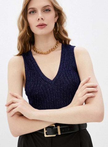 Knitted V-Neck Vest Blue