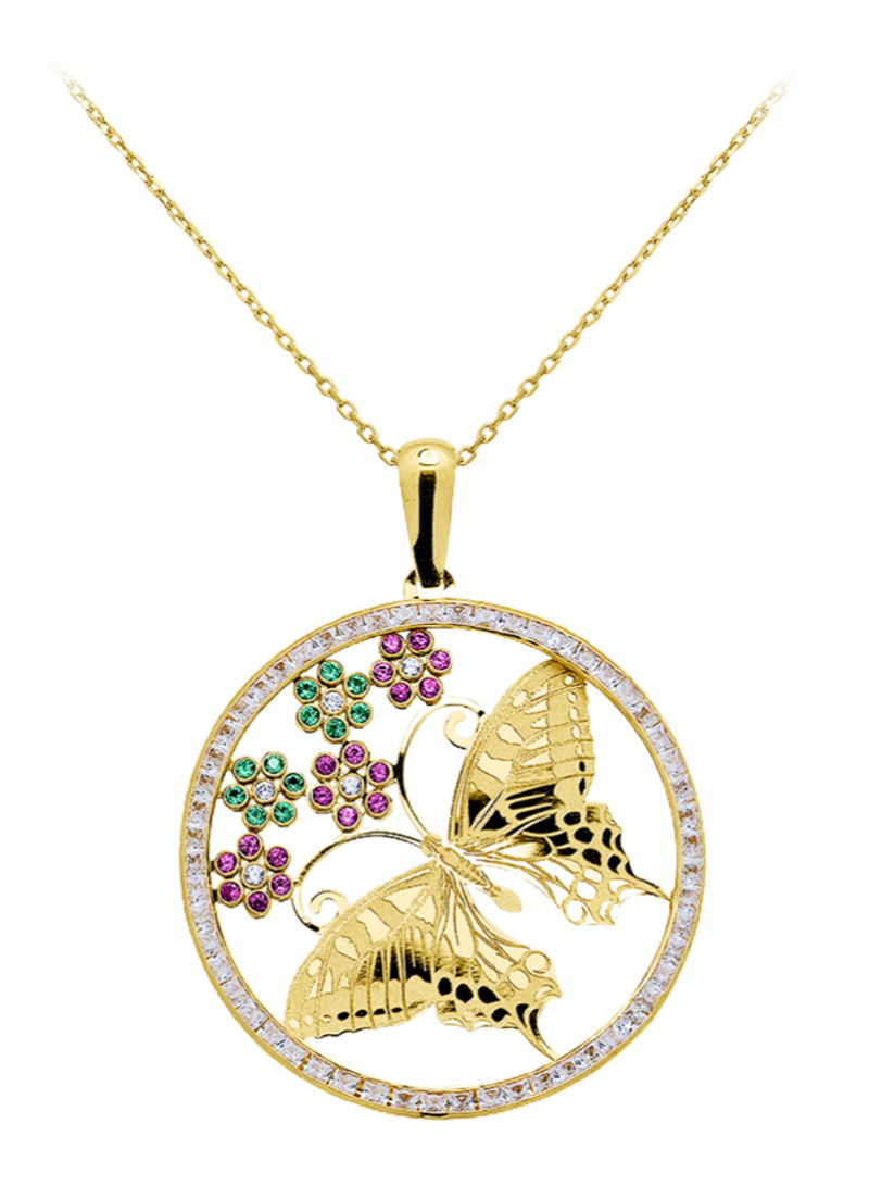 18K Gold Zircon Butterfly With Flower Pendant