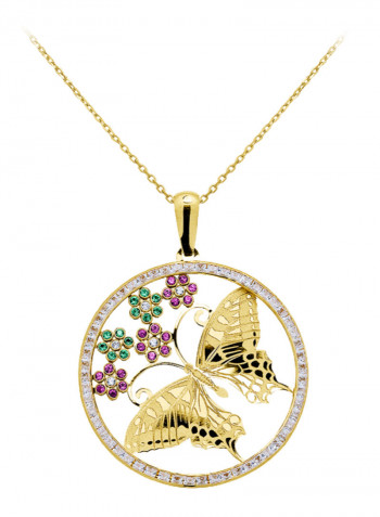 18K Gold Zircon Butterfly With Flower Pendant