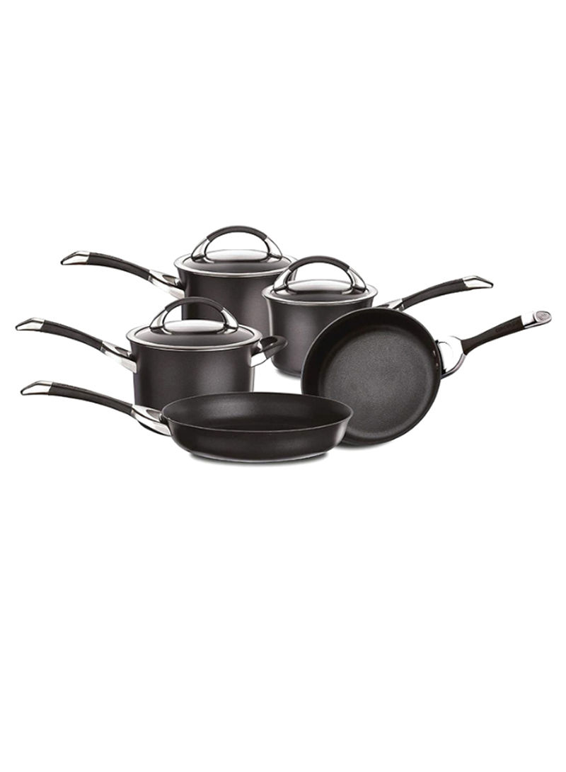 8-Piece Non Stick Cookware Set With Lid Black/Silver/Clear Small Saucepan (16), Medium Saucepan (18), Large Saucepan (20), Small Frying Pan (24), Large Frying Pan (28)cm