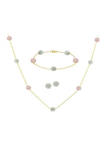 18 Karat Solid Gold Crystal Ball And Pearl Necklace