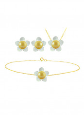 Set of 3 18 Karat Gold Mother Of Pearl Flower Design With Pearl Necklace, Bracelet and Earrings