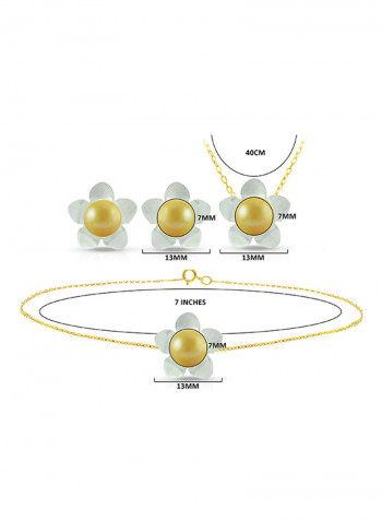 Set of 3 18 Karat Gold Mother Of Pearl Flower Design With Pearl Necklace, Bracelet and Earrings