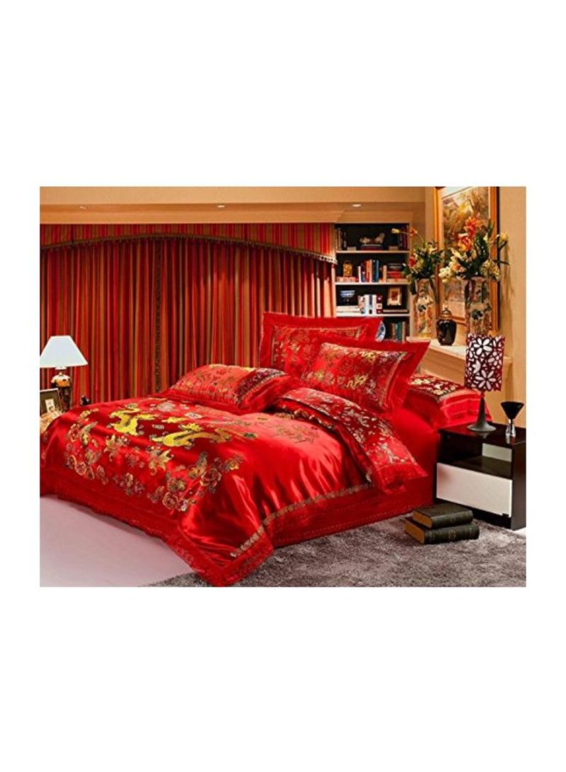 4-Piece Dragon And Bird Design Duvet Cover Set Red/Yellow King