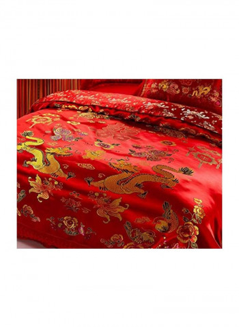 4-Piece Dragon And Bird Design Duvet Cover Set Red/Yellow King