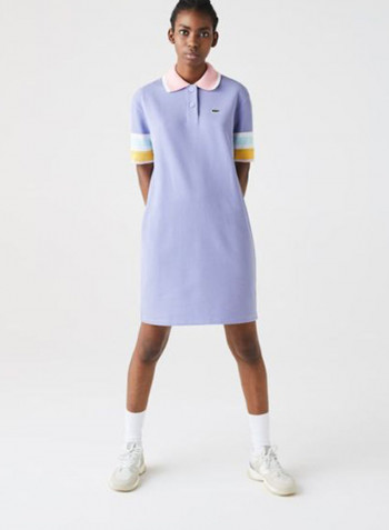 Striped Accents Honeycomb Cotton Polo Dress Purple/Yellow/Green