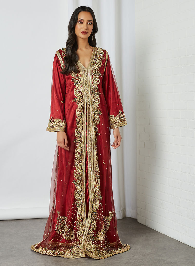 Crystal Stone Moroccan Kaftan Red/Gold