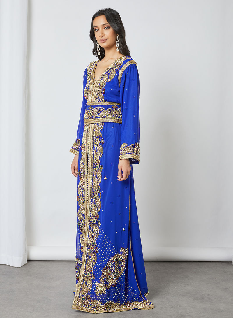 Stylish V-Neck Moroccan Kaftan Blue