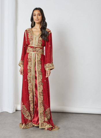 Stylish V-Neck Moroccan Kaftan Red