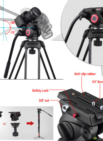 MTT601A Professional Photography Aluminum Alloy Tripod Stand 153cm Black