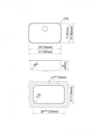 Tu 31.19-10 Undermount Stainless Steel One Bowl Sink Silver 787x482x250mmmm