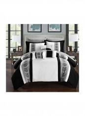 10-Piece Printed Microfiber Comforter Set White/Black/Grey Queen