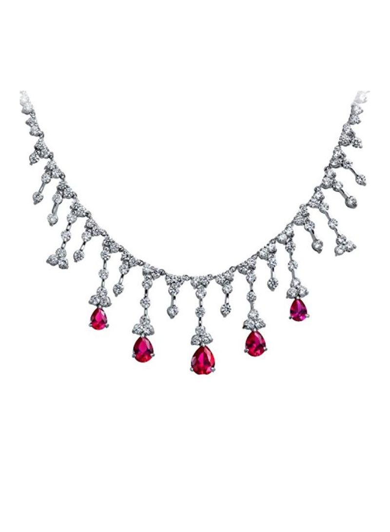 Silver Plated Brass Cubic Zirconia And Ruby Studded Teardrop Necklace