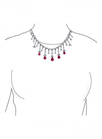 Silver Plated Brass Cubic Zirconia And Ruby Studded Teardrop Necklace