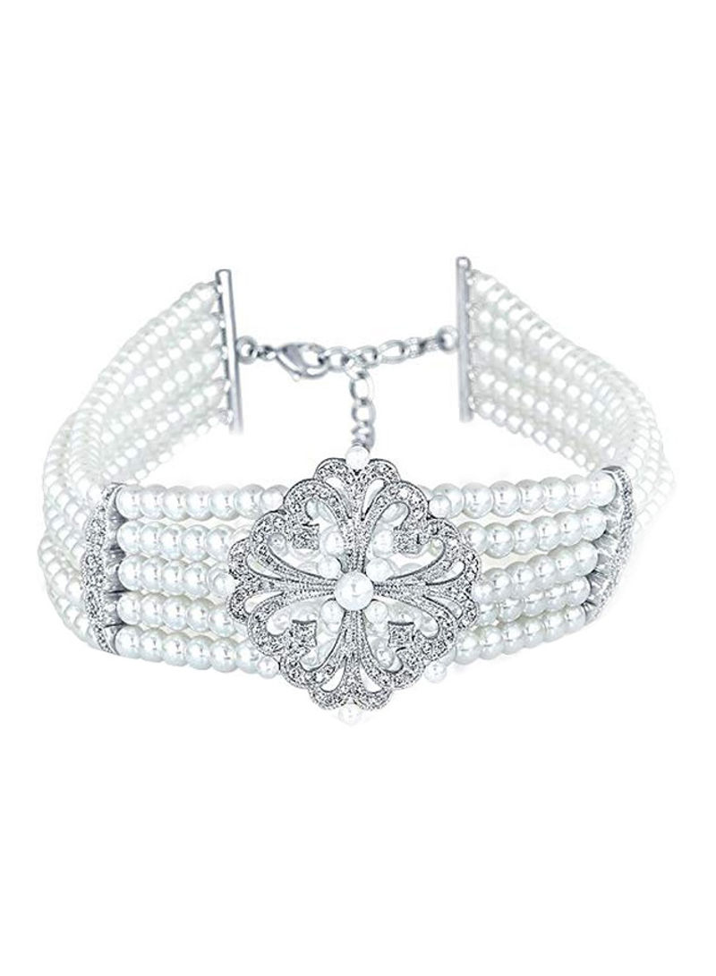 Rhodium Plated Cubic Zirconia And Pearl Beaded Choker Necklace
