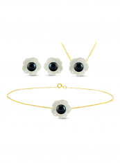 Set of 3 18 Karat Gold Mother Of Pearl Shell With Pearl Necklace, Bracelet and Earrings