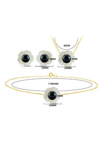 Set of 3 18 Karat Gold Mother Of Pearl Shell With Pearl Necklace, Bracelet and Earrings
