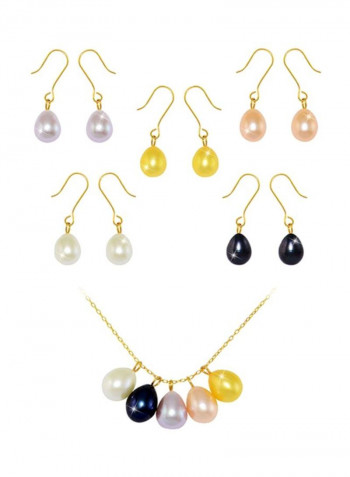 Pair Of 5 10 Karat Gold Pearl Earrings With Pendants And Necklace