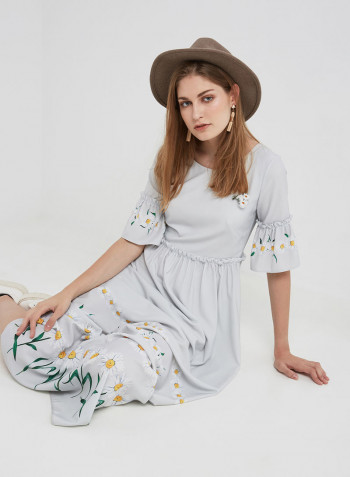 Pretty Floral Bell Sleeve Maxi Dress White