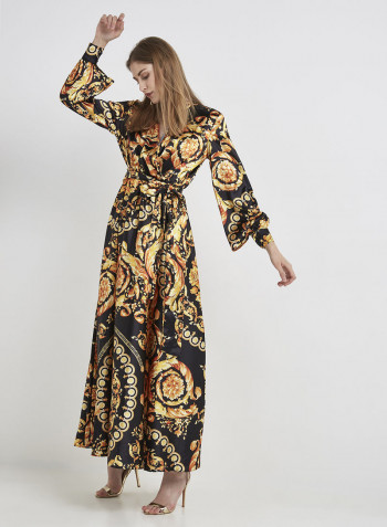 Classy Long Sleeve Maxi Dress Yellow/Black
