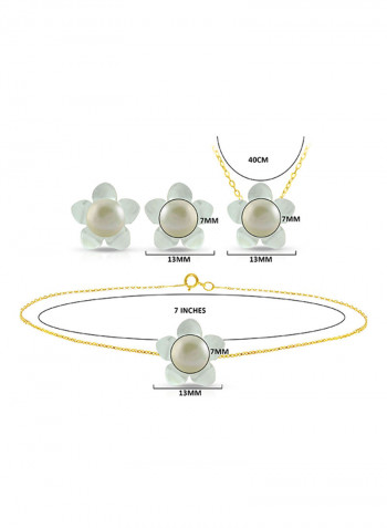 18 Karat Solid Yellow Gold 13 mm Mother Of Pearl Flower Shape With 7 mm Pearl Jewellery Set