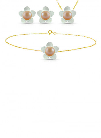 18 Karat Solid Yellow Gold 13 mm Mother Of Pearl Flower Shape With 7 mm Pearl Jewellery Set