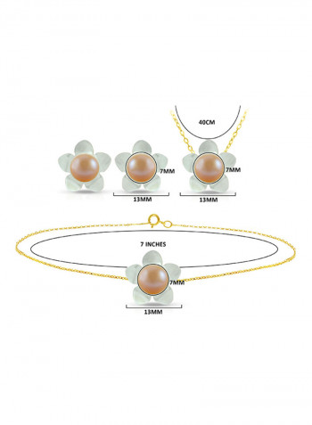 18 Karat Solid Yellow Gold 13 mm Mother Of Pearl Flower Shape With 7 mm Pearl Jewellery Set