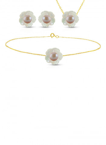 18 Karat Solid Yellow Gold Mother Of Pearl Shell With 4 mm Pearl Jewellery Set