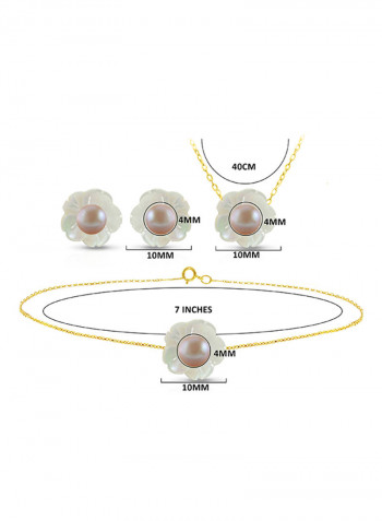 18 Karat Solid Yellow Gold Mother Of Pearl Shell With 4 mm Pearl Jewellery Set