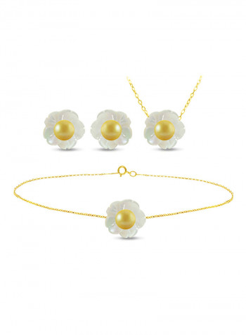 18 Karat Solid Yellow Gold Mother Of Pearl Shell With 4 mm Pearl Jewellery Set