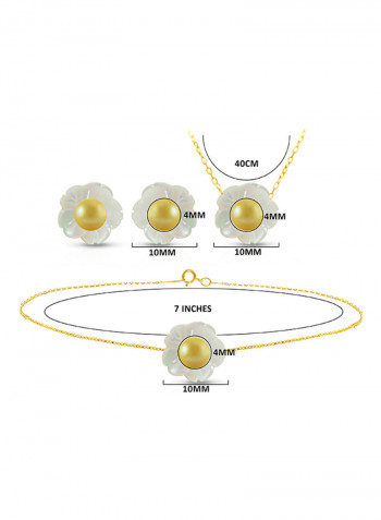 18 Karat Solid Yellow Gold Mother Of Pearl Shell With 4 mm Pearl Jewellery Set