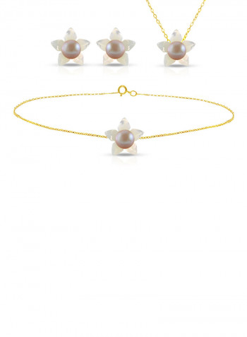 18 Karat Solid Yellow Gold 10 mm Mother Of Pearl Flower Shape With 4 mm Pearl Jewellery Set