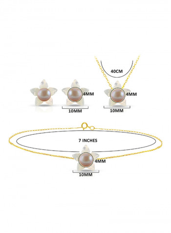 18 Karat Solid Yellow Gold 10 mm Mother Of Pearl Flower Shape With 4 mm Pearl Jewellery Set