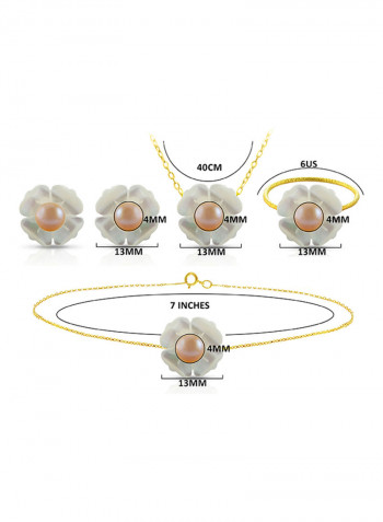 18 Karat Solid Yellow Gold 13 mm Mother Of Pearl Flower Shape With 4 mm Pearl Jewellery Set