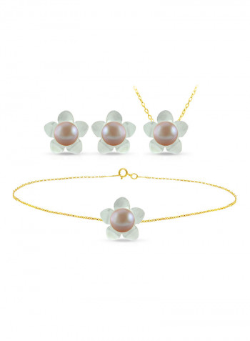 18 Karat Solid Yellow Gold 13 mm Mother Of Pearl Flower Shape With 7 mm Pearl Jewellery Set