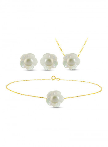 18 Karat Solid Yellow Gold Mother Of Pearl Shell With 4 mm Pearl Jewellery Set