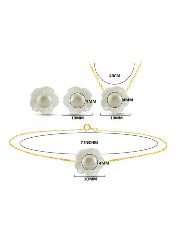 18 Karat Solid Yellow Gold Mother Of Pearl Shell With 4 mm Pearl Jewellery Set