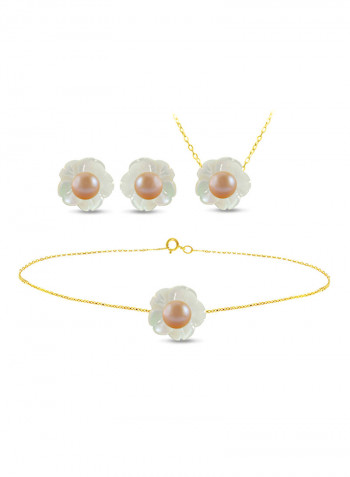 18 Karat Solid Yellow Gold Mother Of Pearl Shell With 4 mm Pearl Jewellery Set