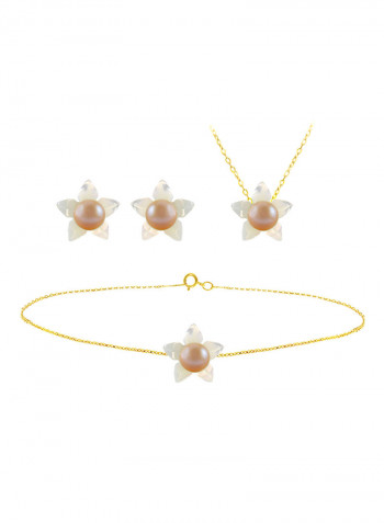 18 Karat Solid Yellow Gold 10 mm Mother Of Pearl Flower Shape With 4 mm Pearl Jewellery Set
