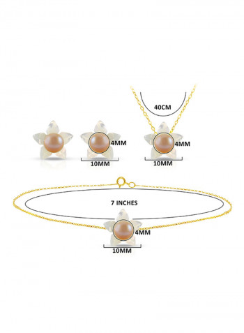 18 Karat Solid Yellow Gold 10 mm Mother Of Pearl Flower Shape With 4 mm Pearl Jewellery Set