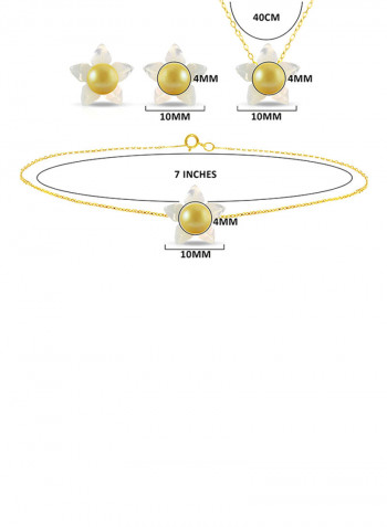 18 Karat Solid Yellow Gold 10 mm Mother Of Pearl Flower Shape With 4 mm Pearl Jewellery Set