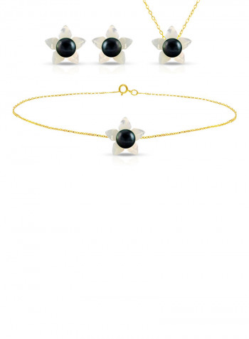 18 Karat Solid Yellow Gold 10 mm Mother Of Pearl Flower Shape With 4 mm Pearl Jewellery Set