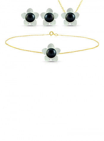 18 Karat Solid Yellow Gold 13 mm Mother Of Pearl Flower Shape With 7 mm Pearl Jewellery Set